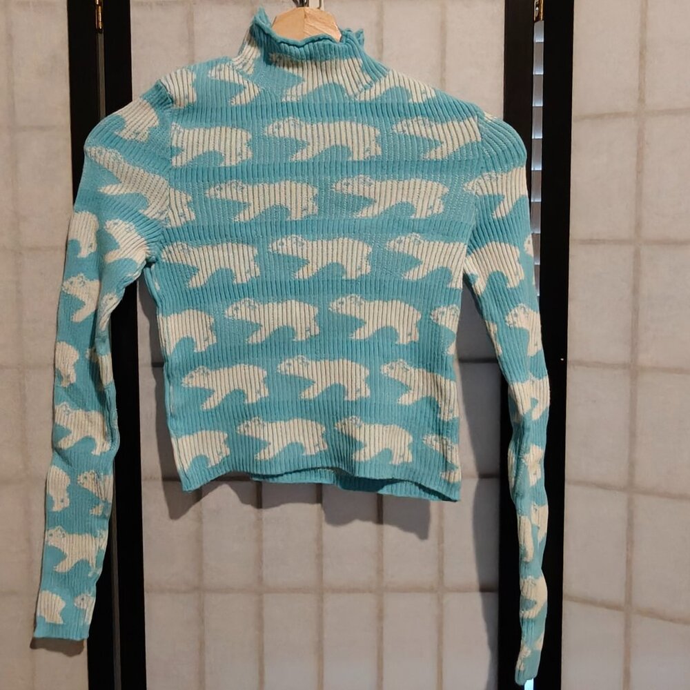 BDG Urban Outfitters Blue Polar Bear Print Long Sleeve Ribbed Crop Top Small